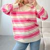 Ladies' Fashionable And Comfortable Half Zip Lapel Contrasting Loose Striped Knitted Top