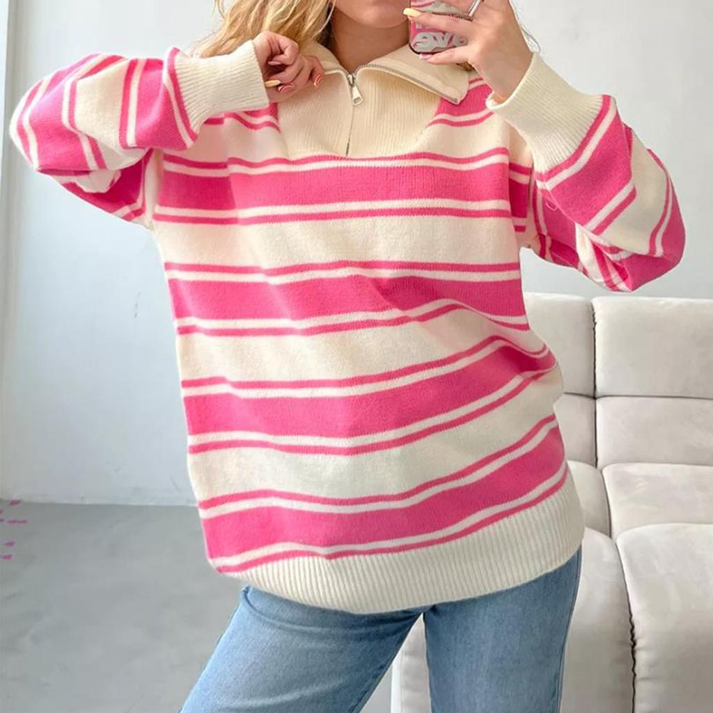 Ladies' Fashionable And Comfortable Half Zip Lapel Contrasting Loose Striped Knitted Top