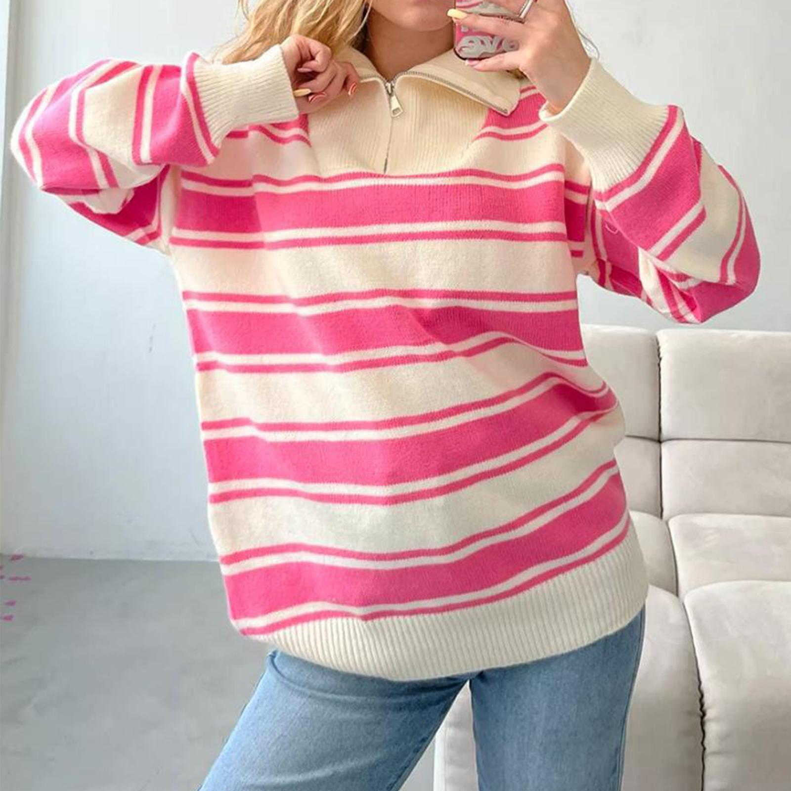 

Ladies Fashionable And Comfortable Half Zip Lapel Contrasting Loose Striped Knitted Top L