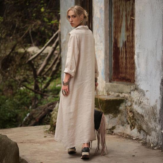 Women's Cotton Linen Shirt Dress Casual Rolled-Up Sleeve Button Dowm Maxi Dress Summer Loose