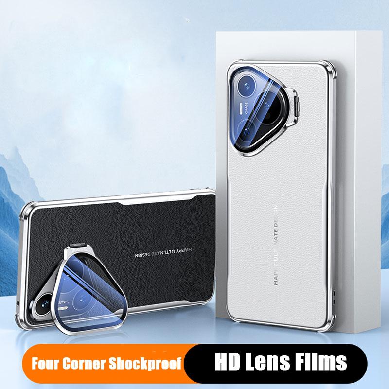 Plating Leather Metal Lens Holder Case for Huawei Pura 70 Pro Plus Corner Shockproof Bumper Protective Cover for Pura 80 Ultra