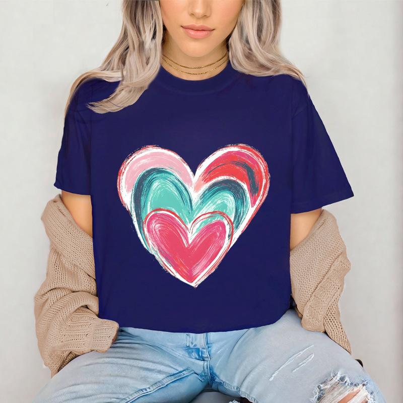2026 New Girl's Colorful Love Printed Cotton Adult and Children's Couple T-shirt Summer Fashion Loose Sports Daily Short Sleeve