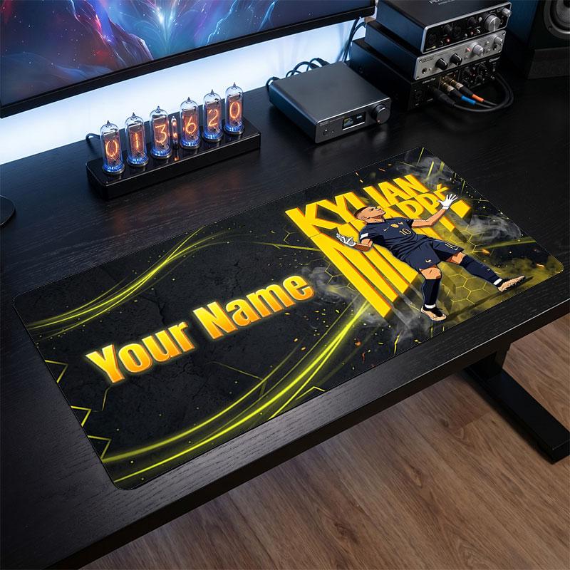 Tappetino per Mouse Grande Personalizzato Kylian Mbappe, Stampa Testo Nome Personalizzato, Tappetino da Scrivania Antiscivolo con Logo Calcio, Regalo per Gamer