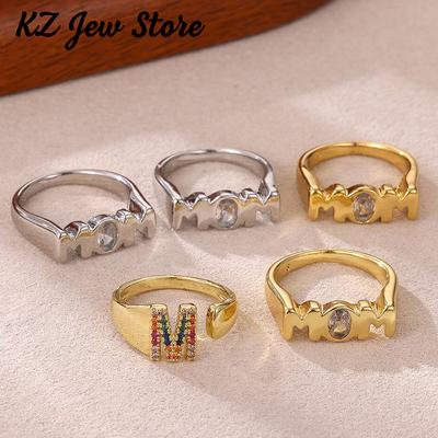 Mom Royal Ring Women Gold Color 3D Letter Casting Rings 7 8 Size Rhinestone Anillos Acero Inoxidables Jewelry Mother's Day Gift