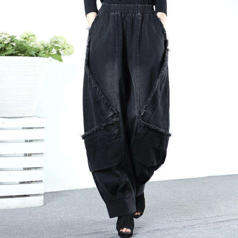 Jeans Noirs à Jambes Larges Pantalons Harlan Amples Mode Décontractée Longueur Totale Taille Haute Imprimé Patchwork Poches Jeans Vêtements pour Femmes Printemps