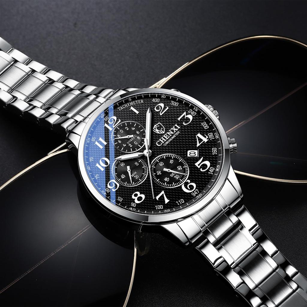 Men's Watch with Stopwatch, Analog Display, Silver: Luminous, Calendar, 3ATM Water Resistant, Stainless Steel, Quartz Movement, Suitable for Leisure,