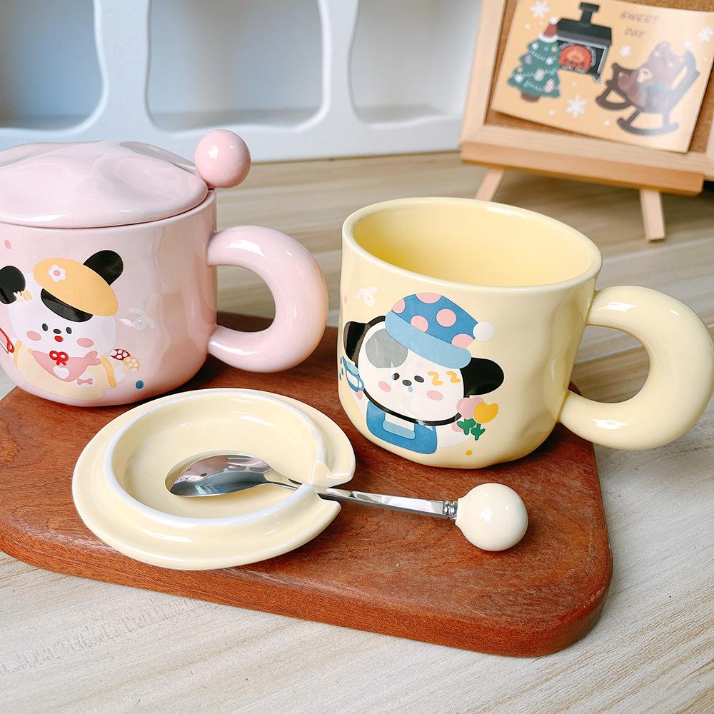 Cute Cartoon Puppy Couple Ceramic Cup Mug Water Cup Girls Boys Gift Souvenir with Cover Spoon