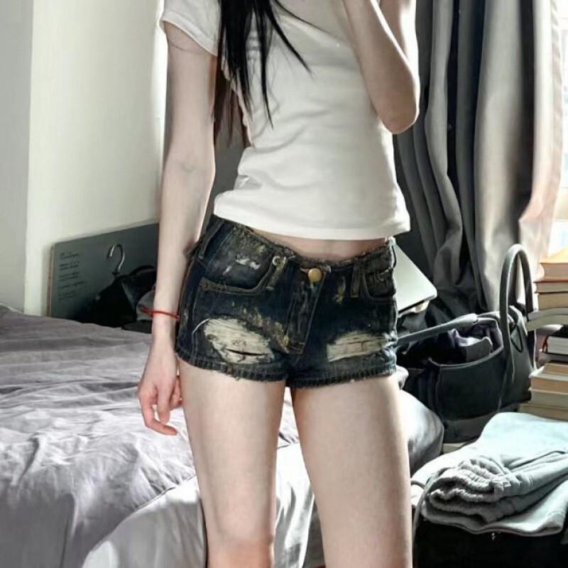 Low Rise Distressed Denim Shorts Women - Slim Fit High Stretch Ripped Mini Jeans Short Pants
