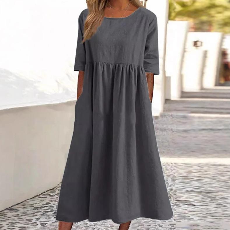 Cross-border foreign trade spring and summer new round neck 5-point sleeve large size casual loose long solid color cotton and linen dress