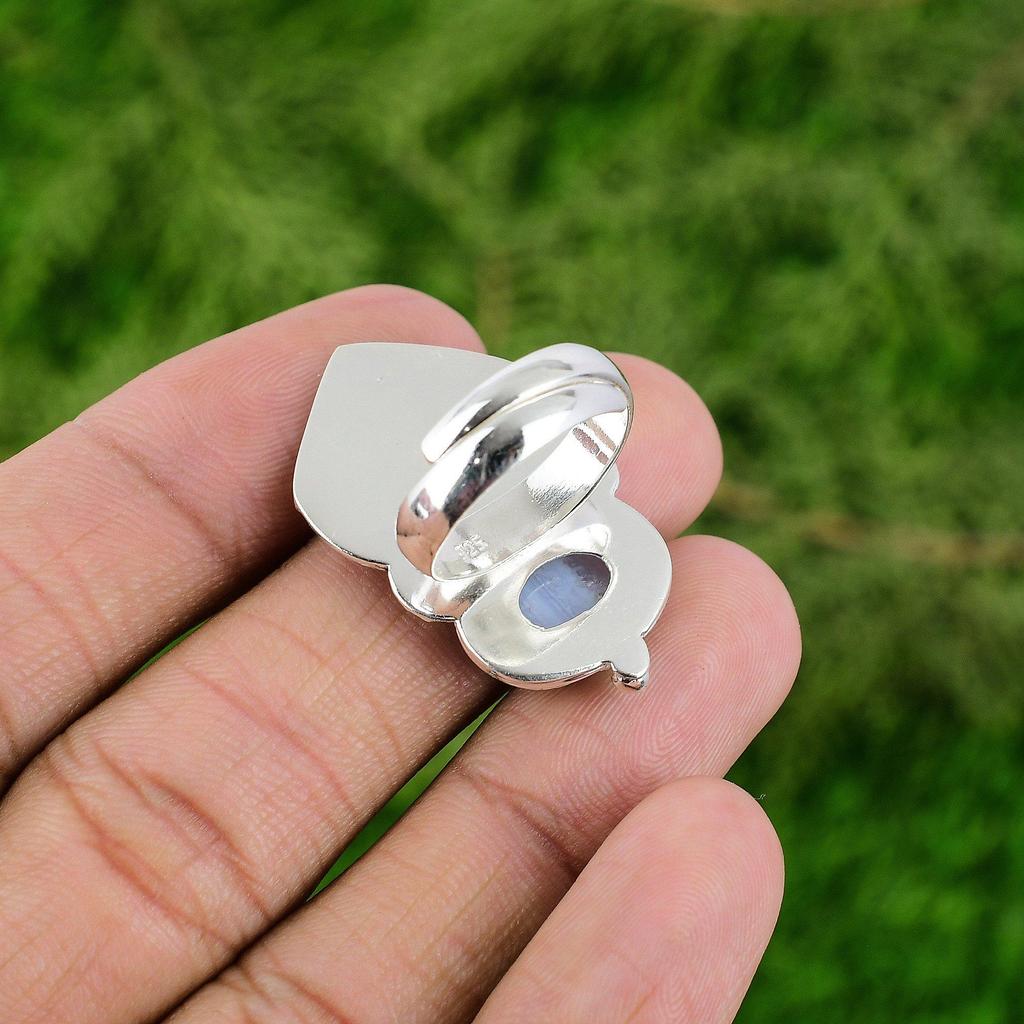 Natural Blue Lace Agate 925 Silver Promise Bird Adjustable Ring For Girls