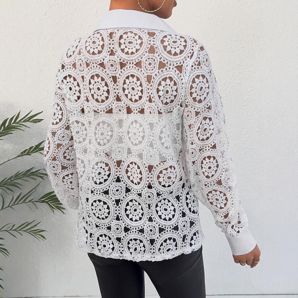 Women's Hollow Out Lace Turn Down Collar V Neck Long Sleeve Blouse Casual Shirt Top