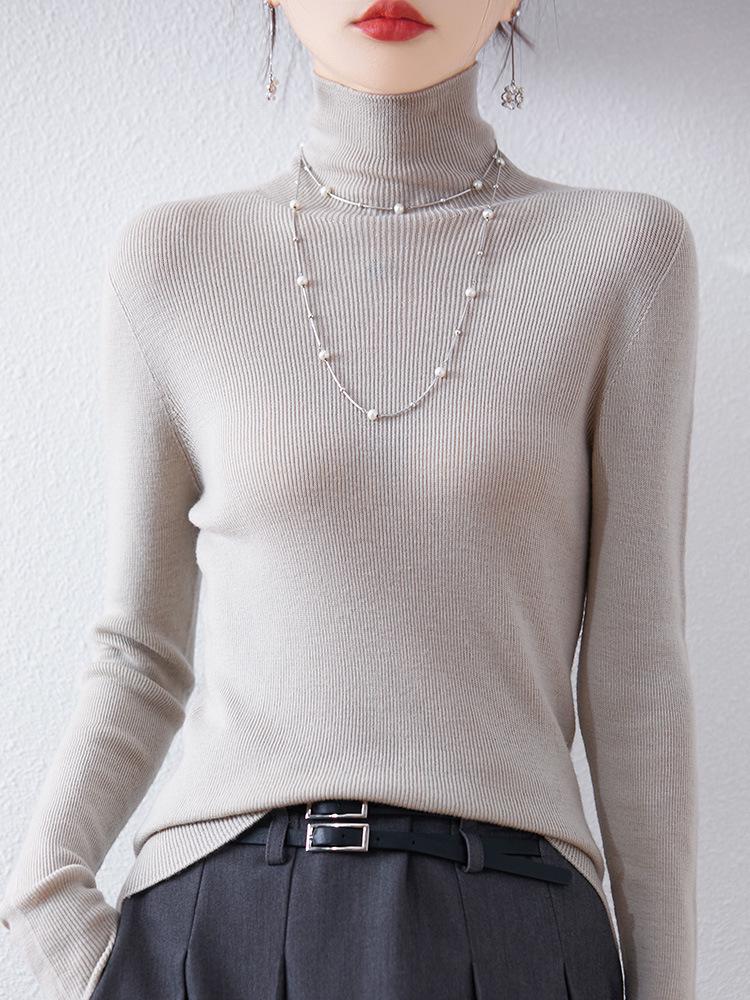 Women's Slim-Fit High-Neck Wool Sweater - Soft, Seamless Knit Base Layer for Autumn/Winter