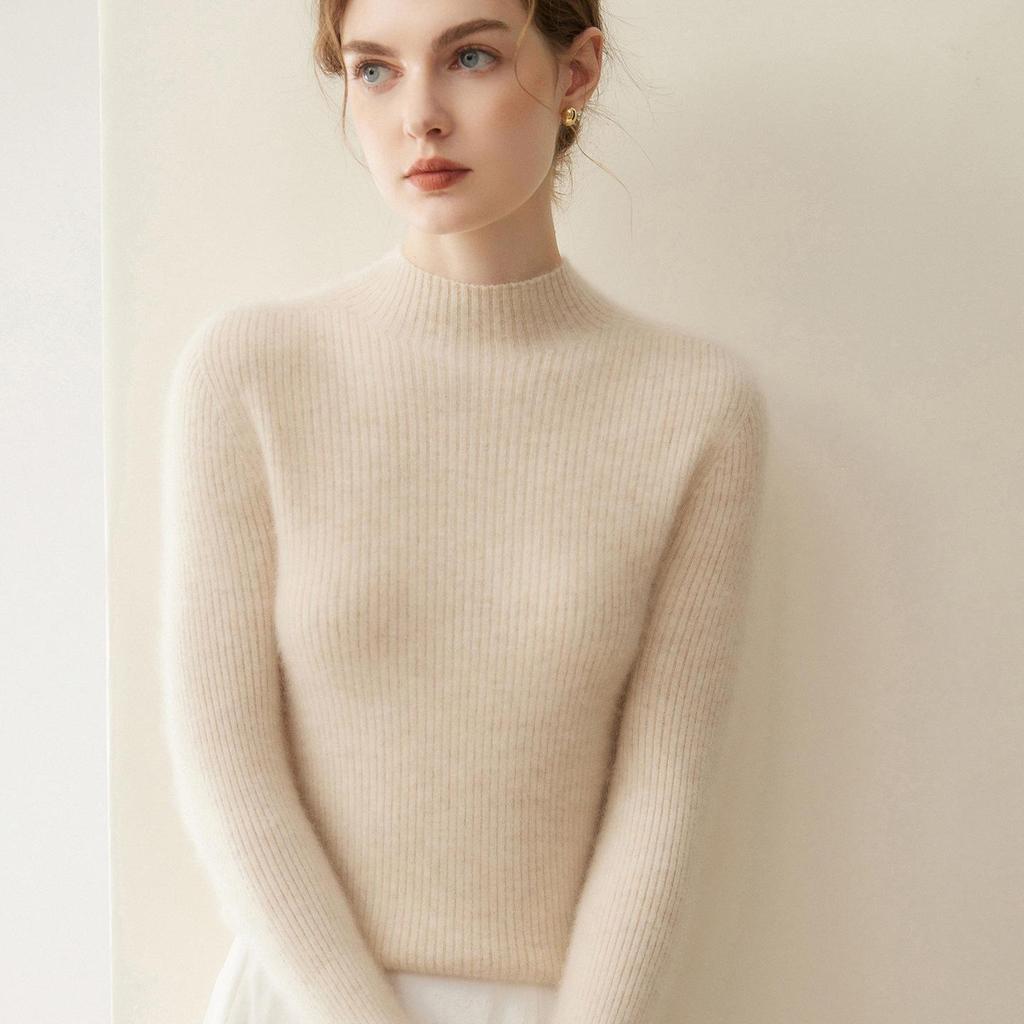 Women's Slim Fit Ribbed Cashmere Sweater - Half-High Neck