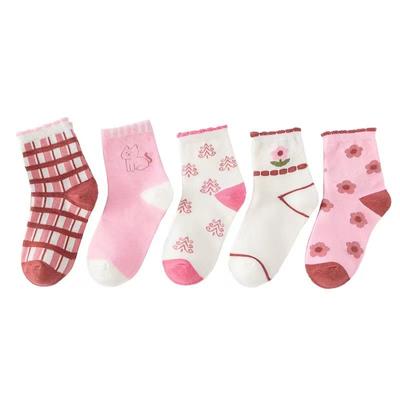 5 Pairs Pink Flower Knit Warm Childrens Socks For Girls Socks Kids Womens Cute Cartoon Medium Stockings