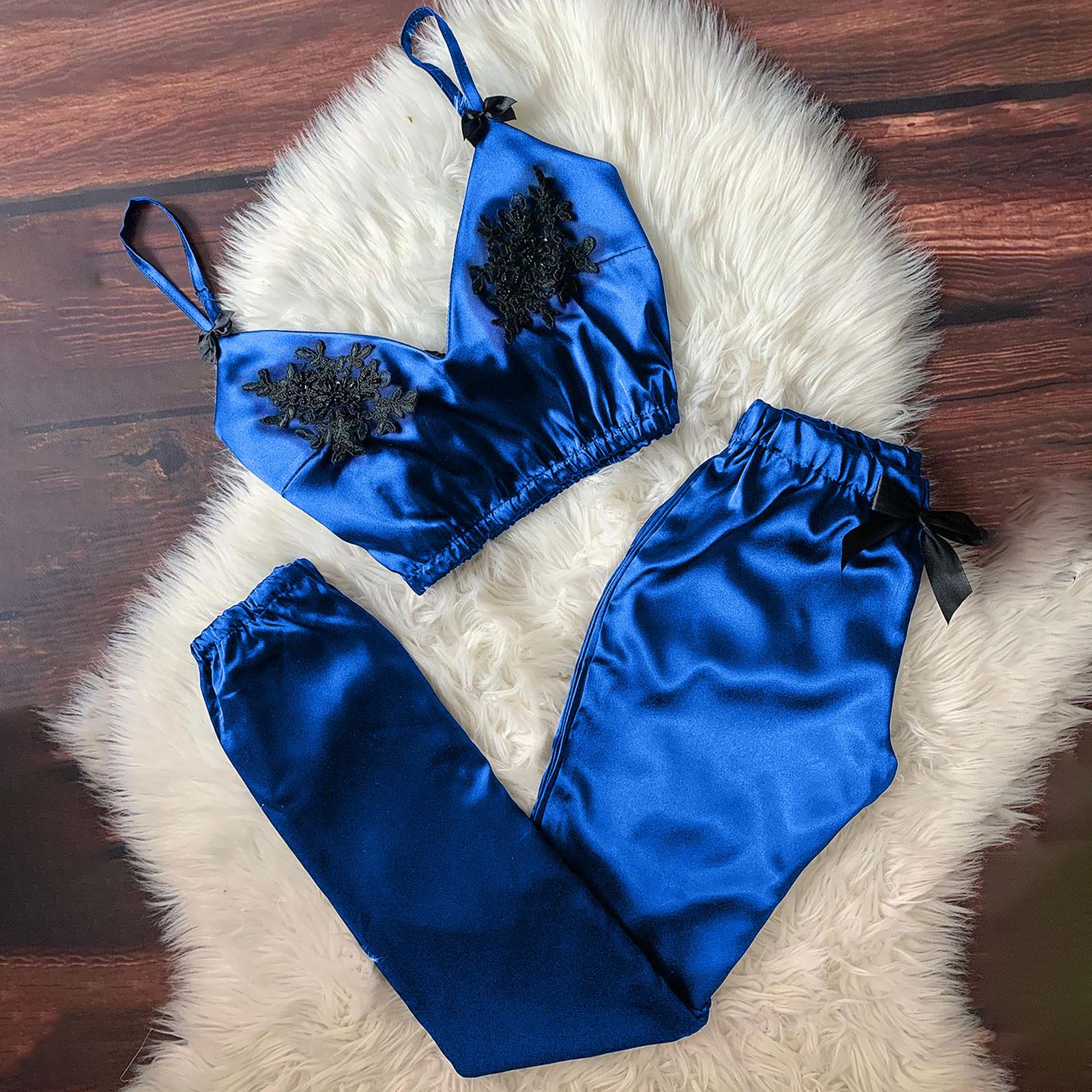 

Женская пижама с v-образным вырезом и ресницами, кружевная сексуальная пятнистая пижама с бантом и брюками, комплект XXL синий