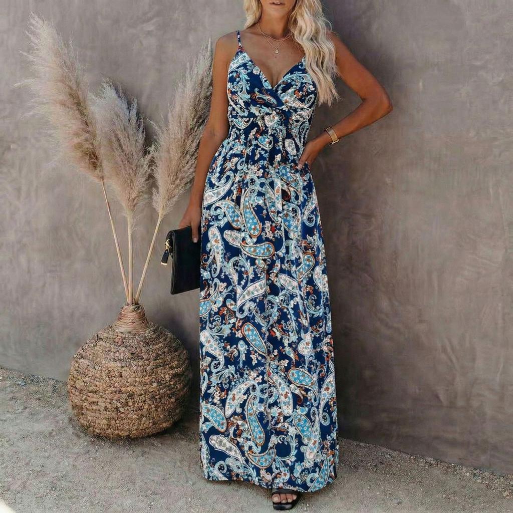 Women’s Floral Print Maxi Dress Sleeveless V Neck Adjustable Spaghetti Strap Long Summer Dress Casual Loose Fit Beachwear