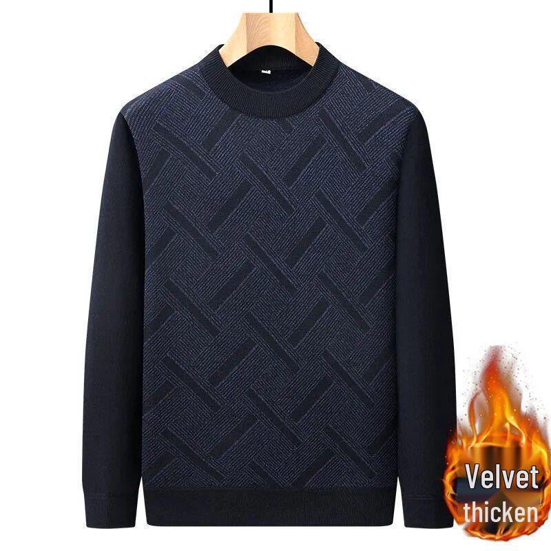 Men's Plus Velvet Thick Knit Sweater - Round Neck, Warm, Loose Fit, Perfect for Middle-Aged & Elderly