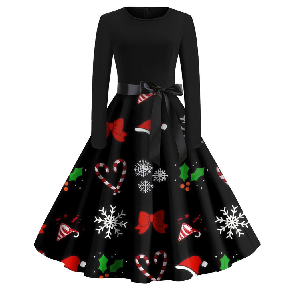 Juletrykk Flare Kjole For Dame Langermet Kjole Hule Fest Casual Kjoler
