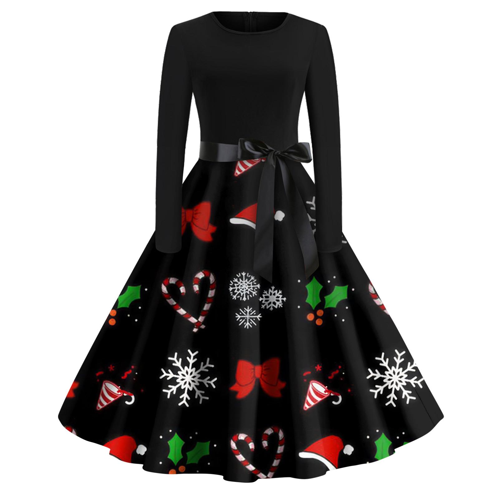 

Рождественский принт расклешенное платье для женщин платье с длинным рукавом полые вечерние повседневные платья S