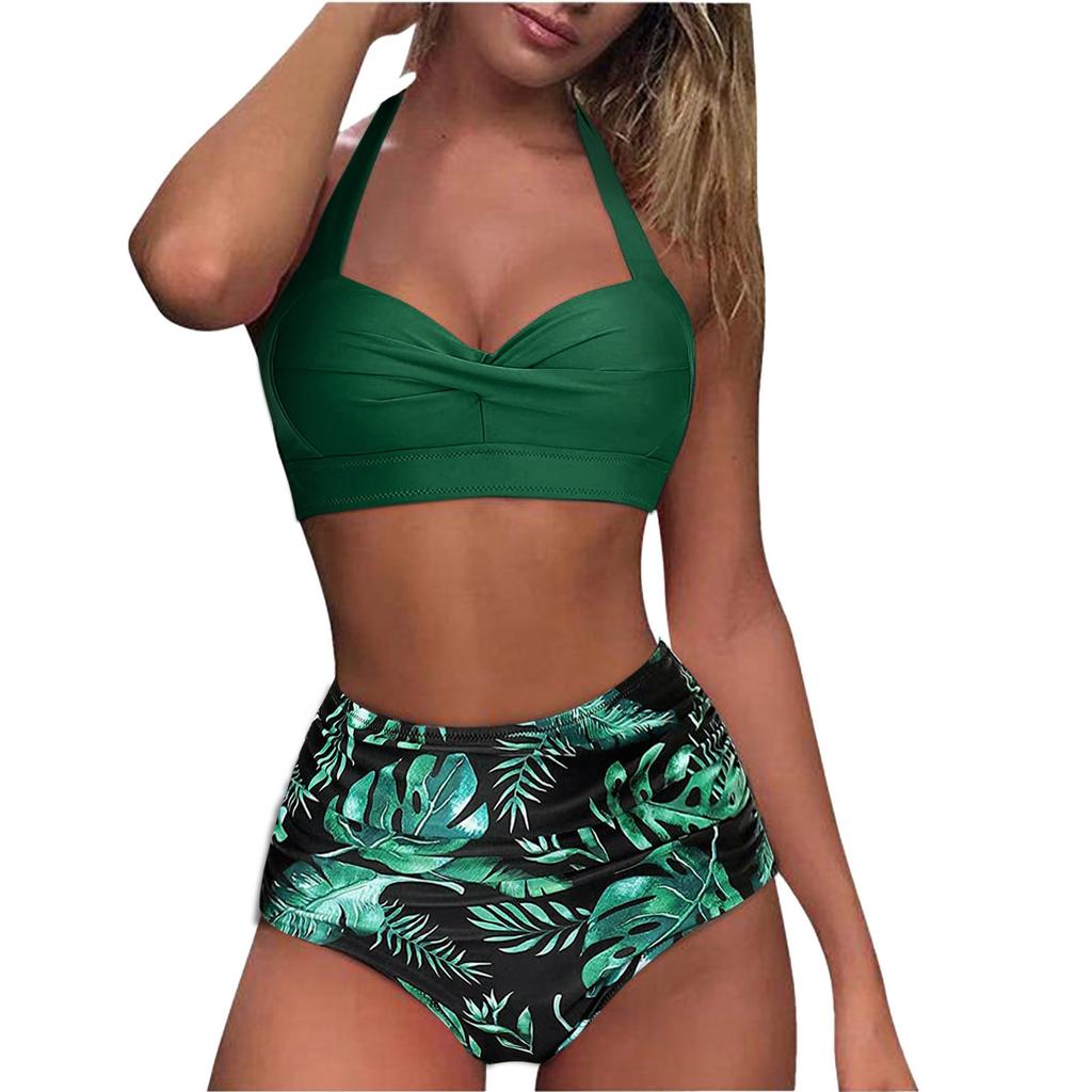 Women Vintage Swimsuit Two Piece Retro  Ruched High Waist Print Bikini Set