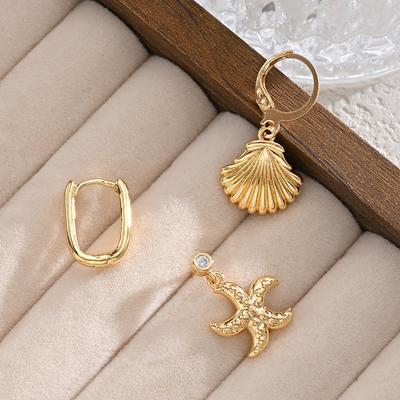 3Pcs Gold Plated Starfish Shell Drop Earrings for Women Asymmetric Ocean Style Crystal C-Hoop Ear Hook Summer Beach Jewelry Gift