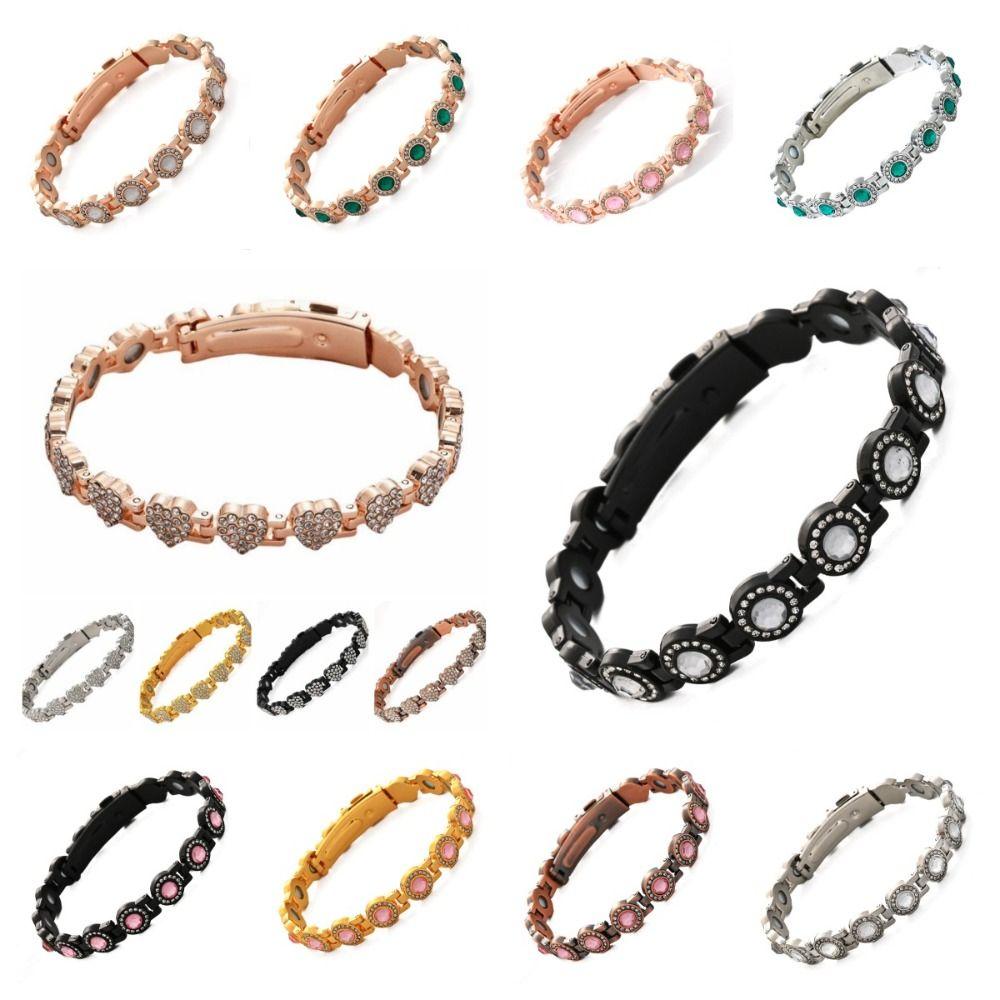 Premium Stainless Steel Magnetic Bracelet High Polished Fashion Anti Static Bangle Round Smooth Rhinestone Wrist Chain Party