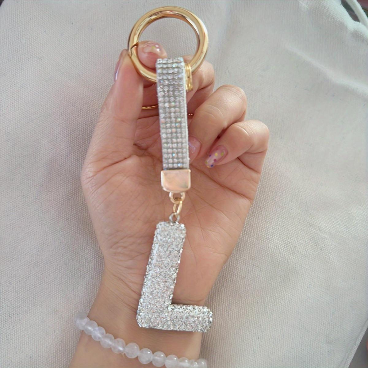 

1pc Sparkling Rhinestone Alphabet Keychain, Alloy Round Letter Charm with Ring Buckle, Decorative Crystal Pendant Accessory