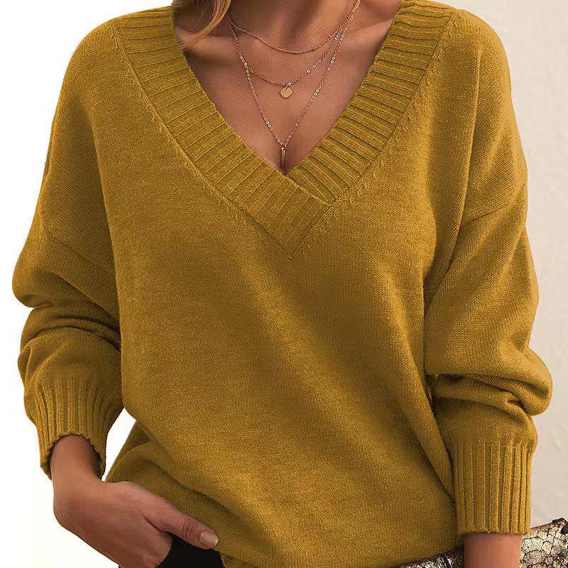 European & American Style Women's Loose V-Neck Knitted Pullover Sweater