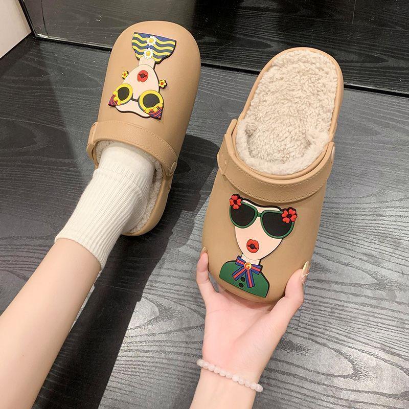 Waterproof cute fluffy slippers cartoon fashion bag head dragging and stepping on shit thick-bottomed cotton slippers women's 2025 winter new models