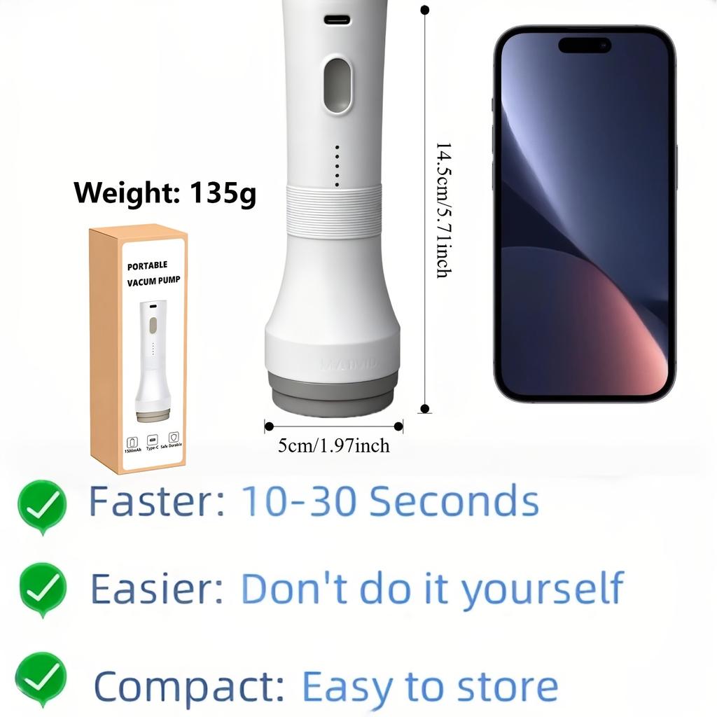 Portable Vacuum Compression Pump | Rechargeable Cordless Suction Pump, Suitable for Travel Bag and Clothing Storage