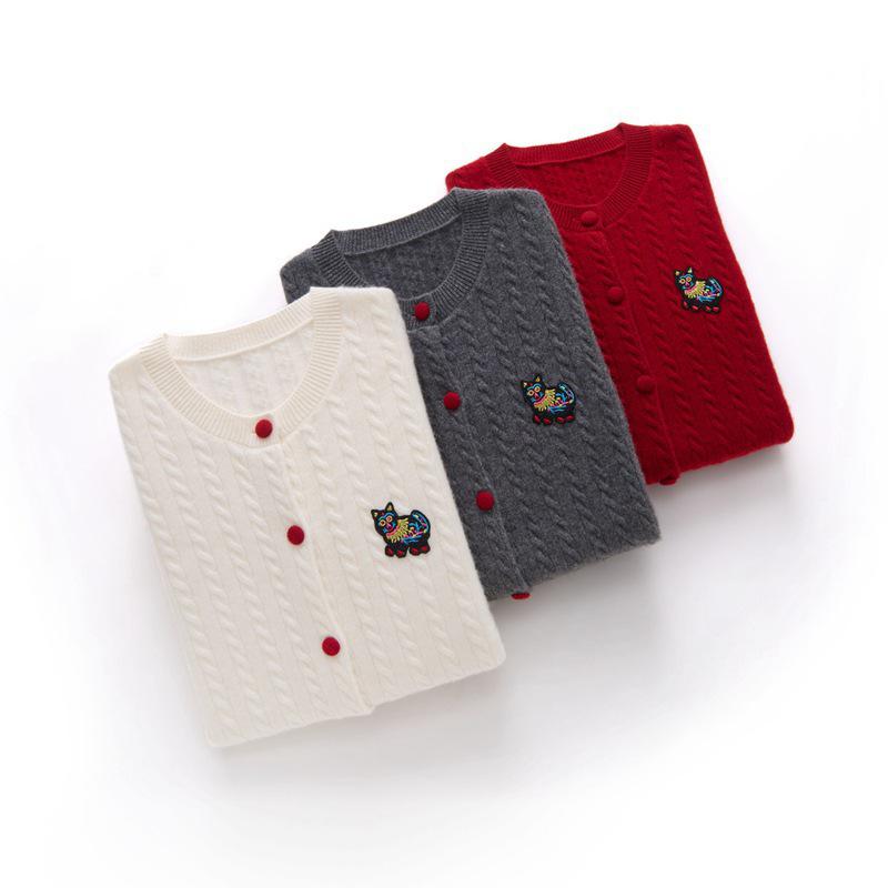 2025 A/W 100% Pure Cashmere Cable Knit Embroidered Cardigan