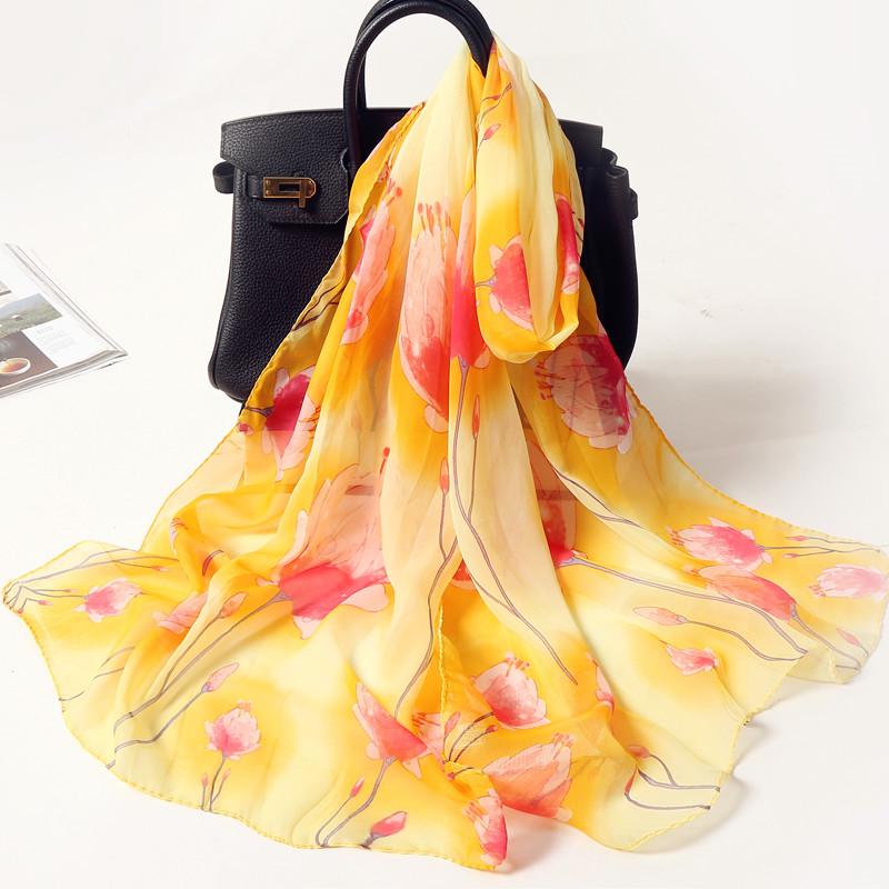 Chiffon Lotus Print Long Scarf - Lightweight, Thin Spring/Autumn Silk Accessory for Middle-Aged & Elderly