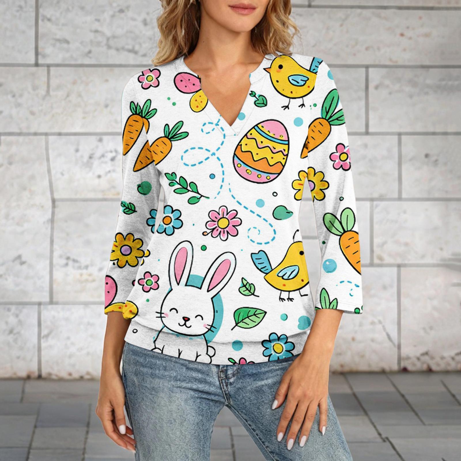 

Women s 3/4 Sleeve Top Neck Hem V-Neck Summer Casual -Shirt Easter Printed Top XL жовтий