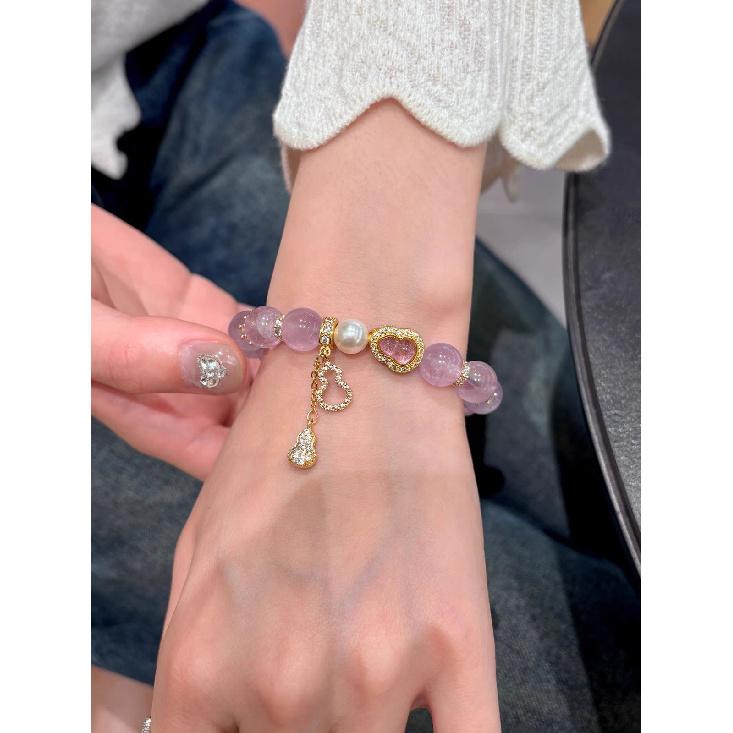Gilt Pastel Natural Pink Crystal Bracelet, Amethyst Bracelet for Women, Light Luxury Fortune-Bringing Small Gourd, High-End Jewelry Gift