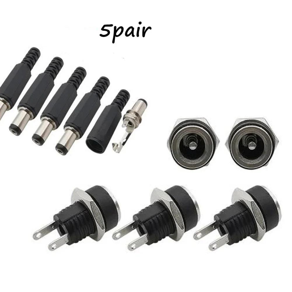 5 Pairs DC 12V Male Jack Plug Female Socket Panel Mount Power Connectors Terminals Blocks Electrical Equipment Supplies