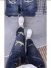 Women's Ripped Jeans for Pear-Shaped Figures, Autumn Style, Plus Size, Elastic, Slim Fit, Nine-Point Cigarette Pants
