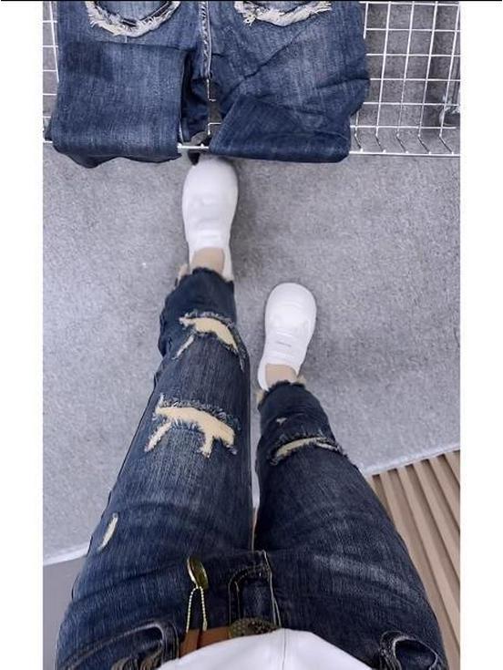 Women's Ripped Jeans for Pear-Shaped Figures, Autumn Style, Plus Size, Elastic, Slim Fit, Nine-Point Cigarette Pants