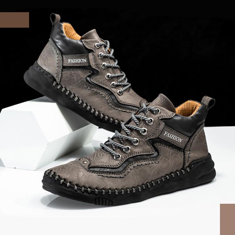 Mens Leather Boots Autumn Winter Vintage Handmade Sewing Soft Business Flat Casual Shoes Daily Comfortable Durable Walking Shoes