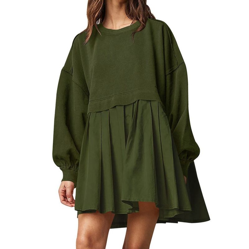 

Fashion Sweater Dress 2024 Autumn and Winter Stylish Women s Fake Two-Piece Pure Color Loose Multicolor Pleated Dress Army Green M