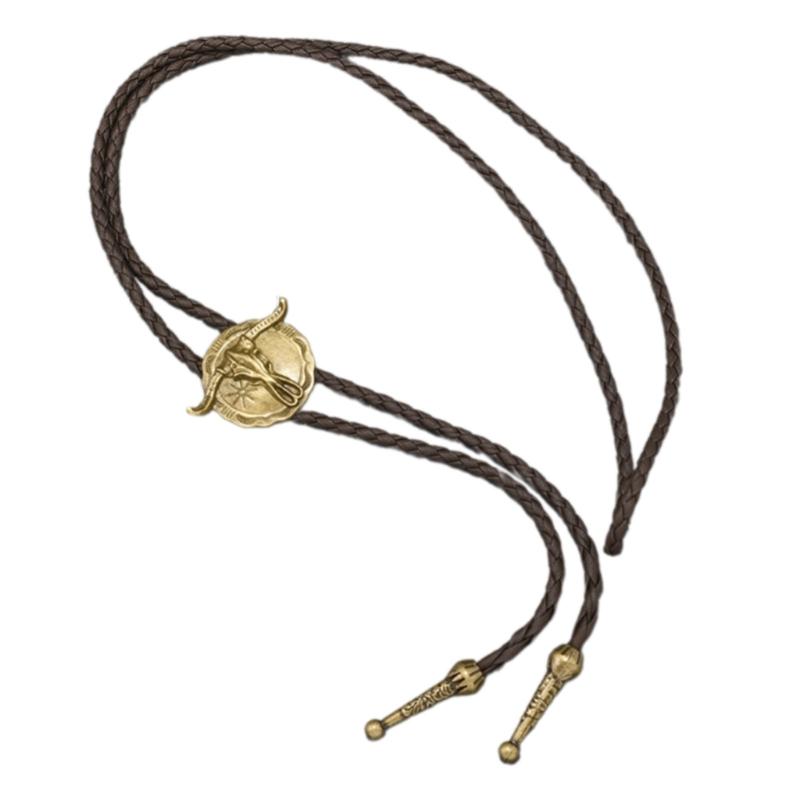 Vintage Western Cowboy Alloy Bullhead Bolo Tie Necklace Adjustable PU Cord Necklace For Men And Women
