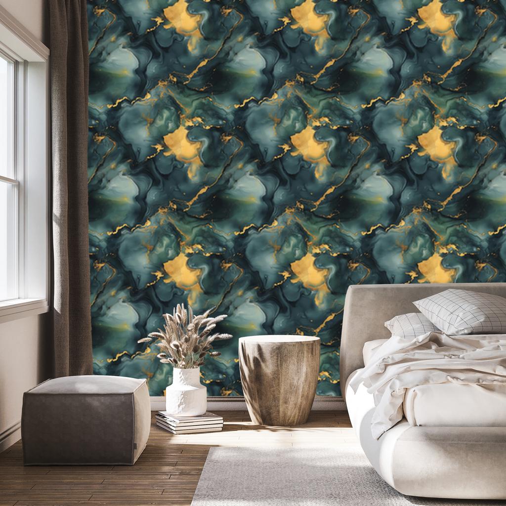 Wallpaper Ink Turquoise, Sea Green and Gold 50x1000