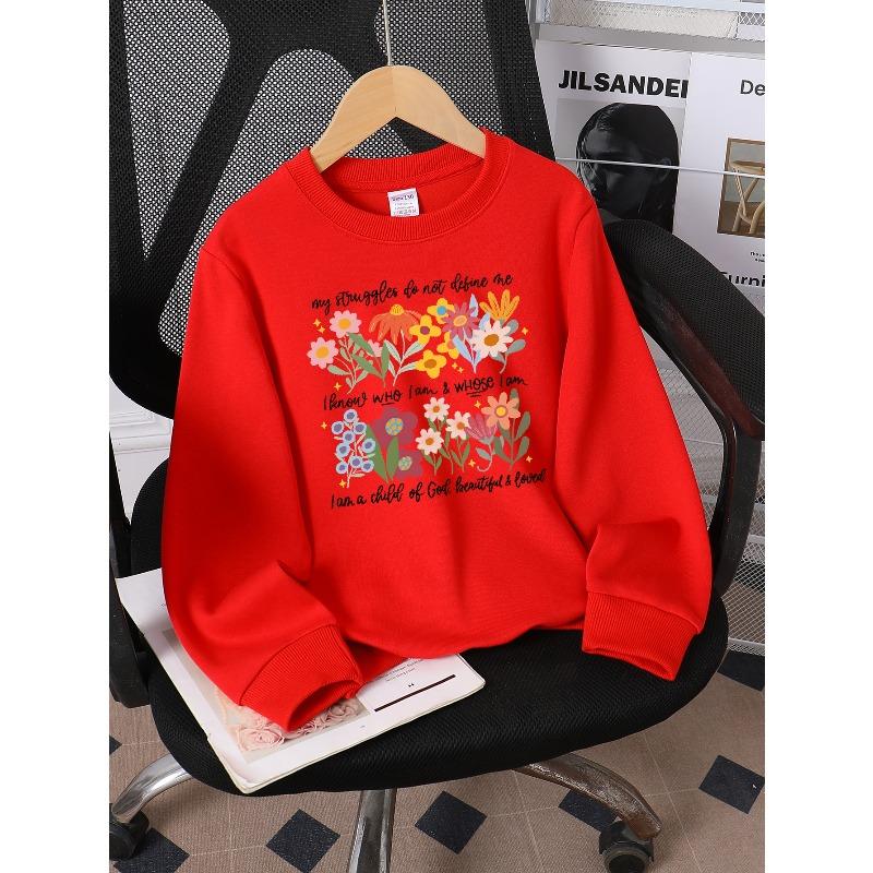 European sizes Kids' Crewneck Sweatshirt Floral Design with Inspirational Text , Sportswear And Casual Wear, Soft And Comfortable, Children's Clothing