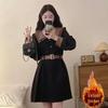 Plus Size Color Block Velvet Corduroy Dress - Retro Long Sleeve, Waist-Cinched Skirt for Autumn/Winter