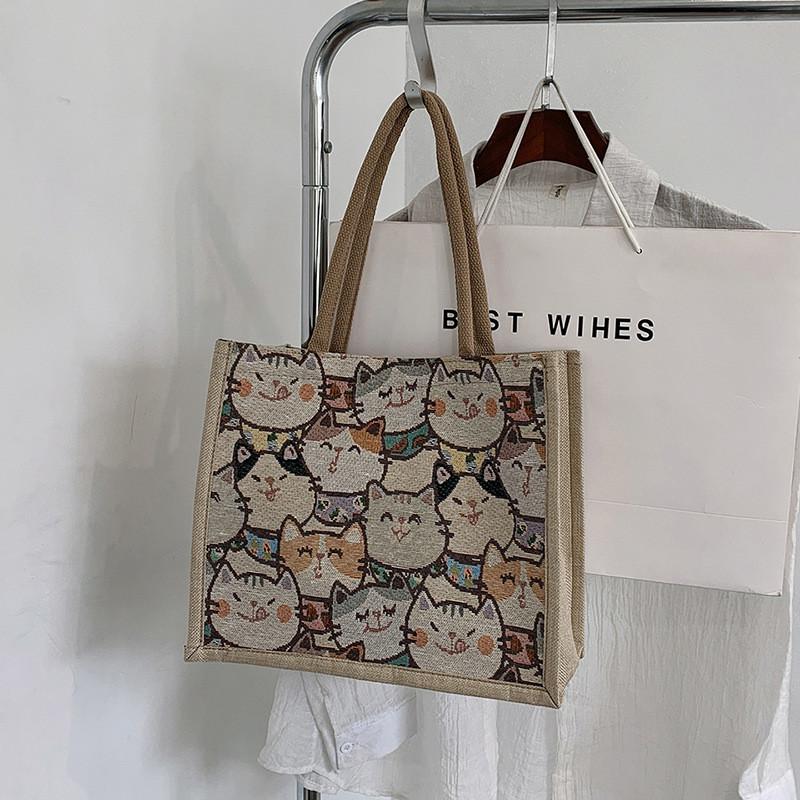 Artistic Linen Handbag With Zipper Inner Pocket For Student And Urban Outings