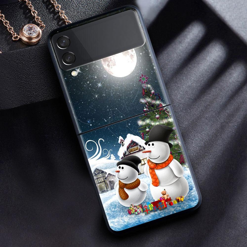 

Case For Samsung Galaxy Z Flip 3 4 5G Black Hard PC Phone Housing Z flip4 Luxury Segmented Cover Cartoon Snowman Christmas Samsung Z Flip 4