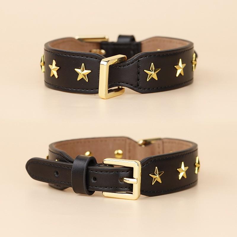 Premium Leather Dog Collar Adjustable Double-Sided Full-Grain Cowhide With Star Rivet Decor Small To Medium Dogs