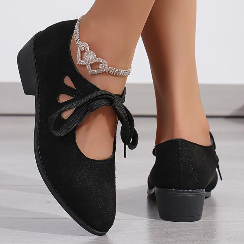 Fashion Korean Faux Suede Mid Heel Pumps Women Hollow Out Lace Up Loafers Shoes Woman 2025 Pointed Toe Plus Size Heels Shoes Ladies