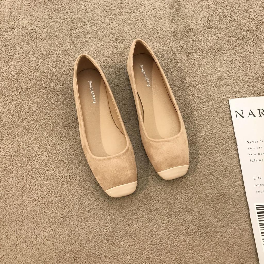 Retro square head simple shallow mouth single shoes women's grandma shoes 2025 spring and autumn new suede late evening wind flat bottom gentle shoes