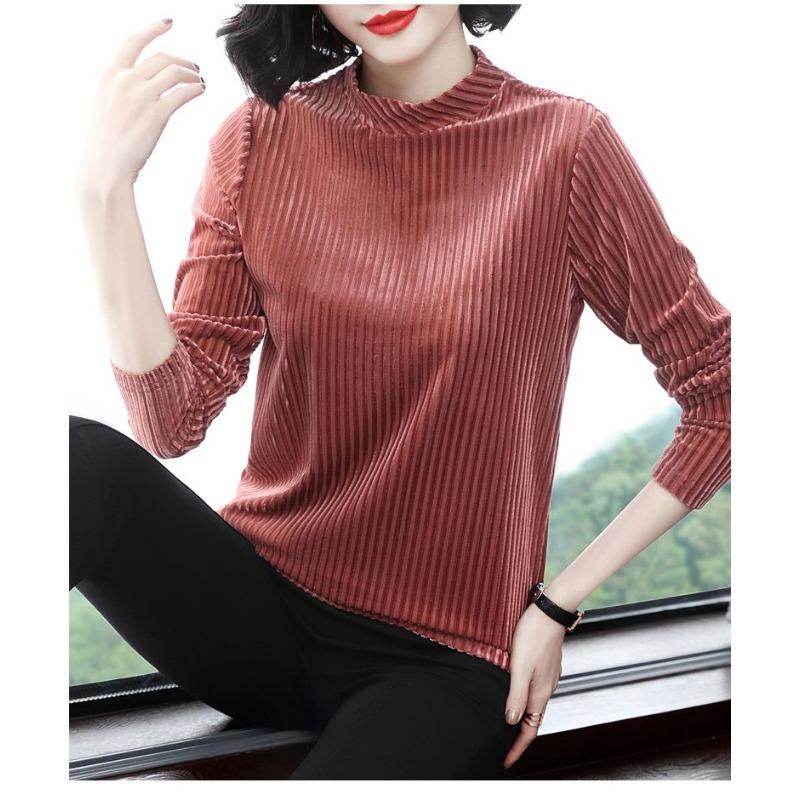 Goldener Samt Langarm T-Shirt für Damen Locker Gestreift Neu Rollkragen Slim Basic Innenoberteil