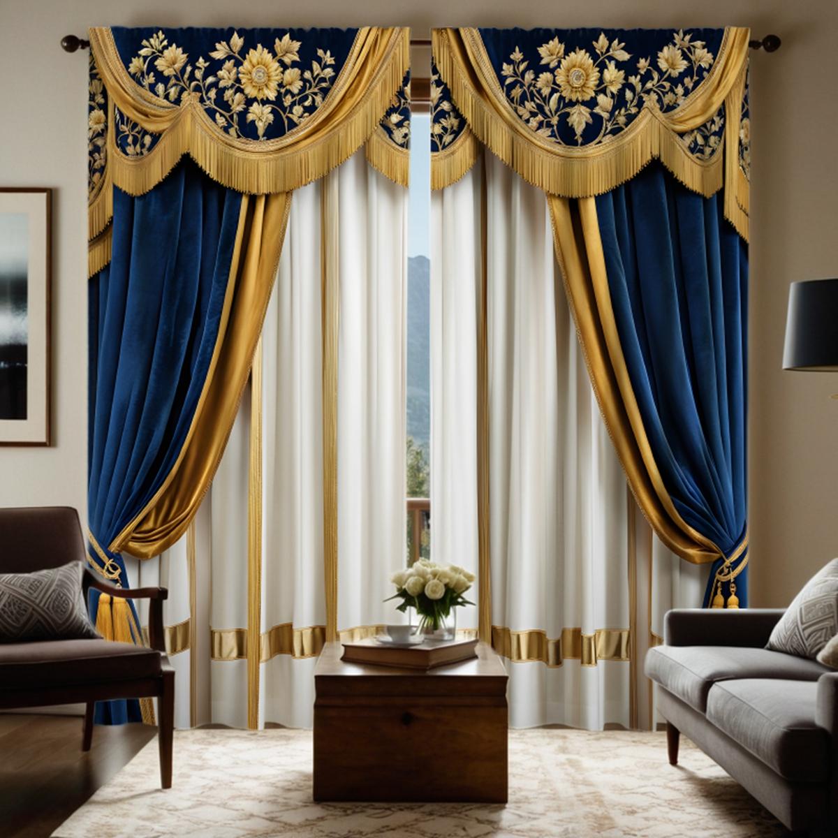 

2pcs HD simulation valance European gold blue stitching embroidery blue digital printed curtain home decoration style decorat W52H63inchW132H160cm